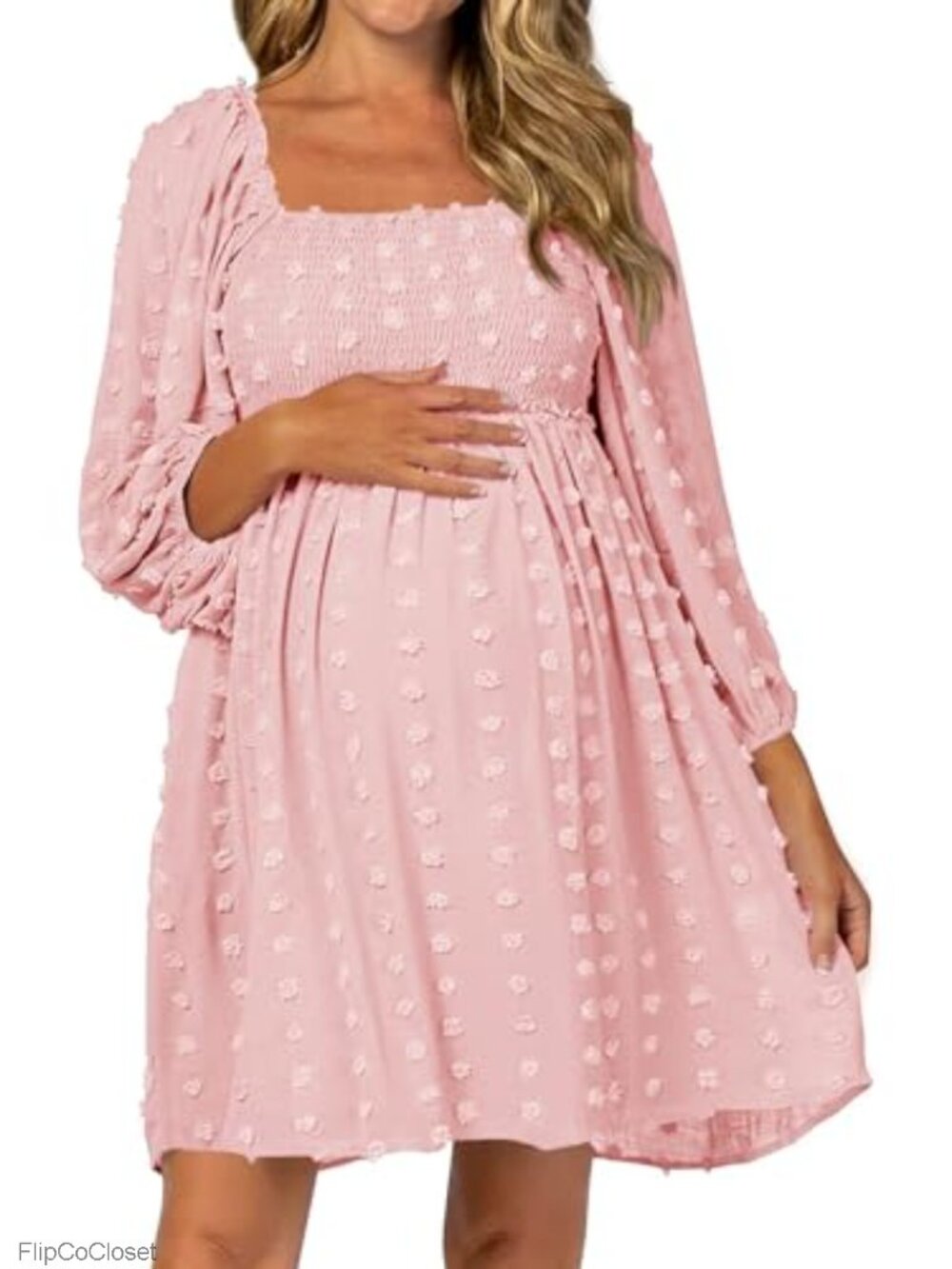 Long Sleeve Maternity Dress Square Neck Swiss Dot Loose Casual Mini